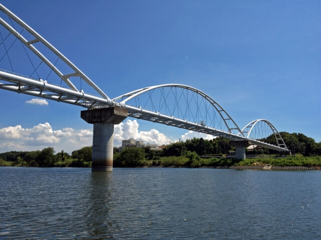 小貝川ふれあい公園　河川敷の公園　アーチ形の橋